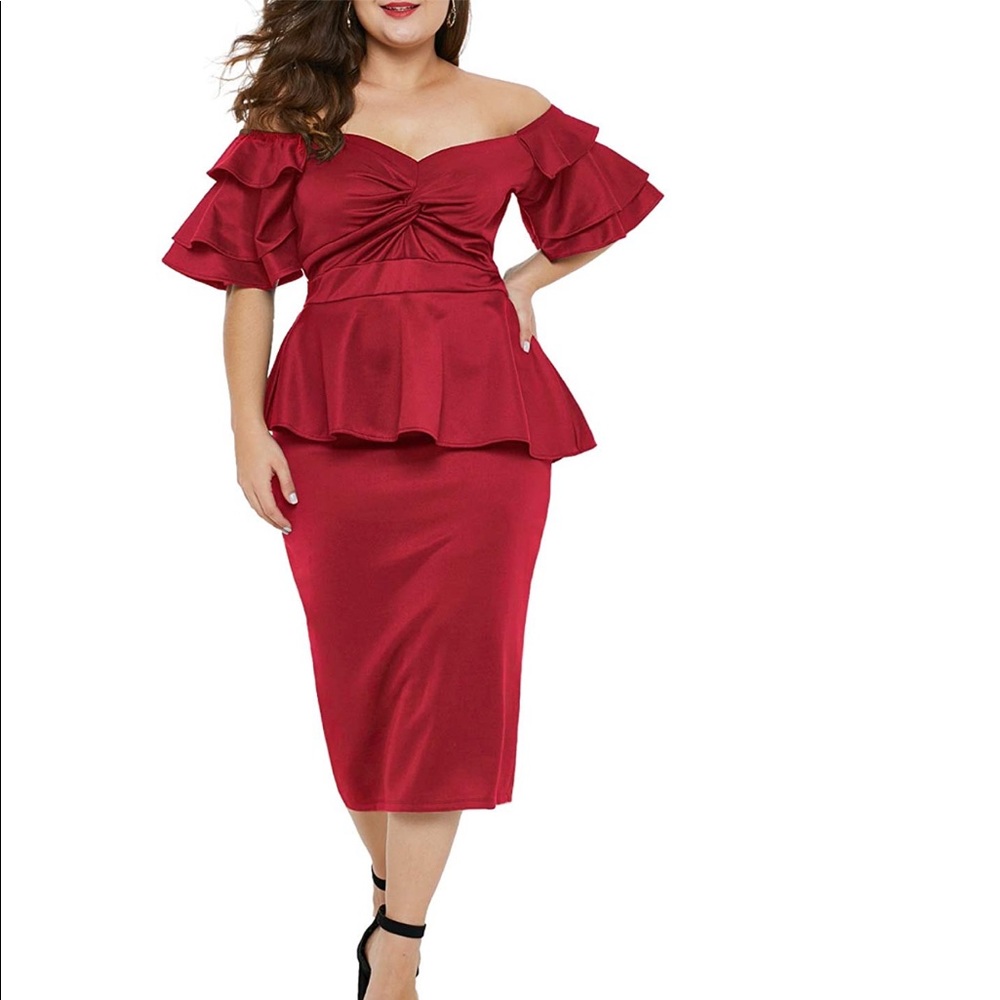 Plus size Red Party Ruffle Sleeve Dress Comfort